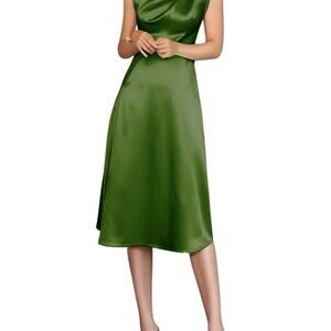 Copied - Fehaute-Champagne High Neck Satin Sleeveless A-Line Midi Dress Green